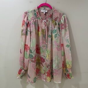 NWT Philosophy Smocked Floral Blouse Tie Neck Long Sleeve Pink Peasant Top 1X